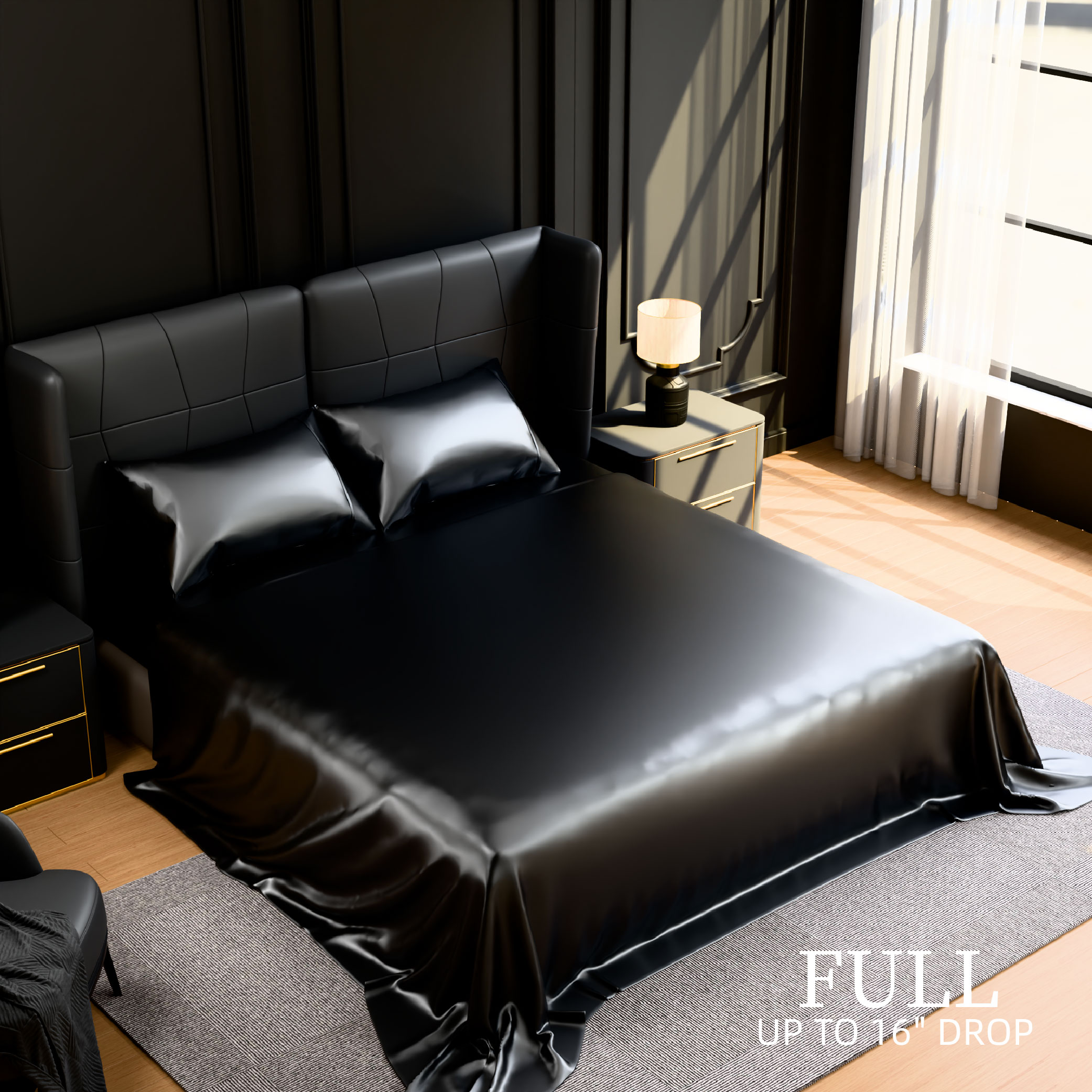 Satin Bed Sheets, Full Size Sheets Set, 4 Pcs Silky Bedding Set With 15 Inches Deep Pocket For Mattress (Full, Black)_voghion.com